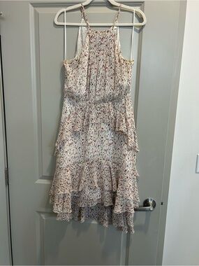Joie Cream Pleated Spaghetti-Strap Dress with Red, Black and Yellow Speckle